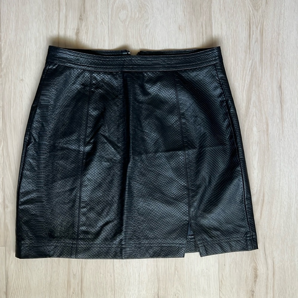 Black leather snake print mini skirt